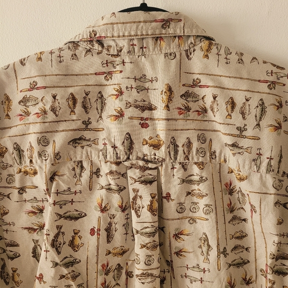 Woolrich Vintage Fly Fishing All Over Print Short Sleeve Button Down Tan Medium - Picture 5 of 9